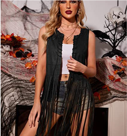 Women Fashion Casual Solid Color Suede Sleeveless Long Tassels Vest