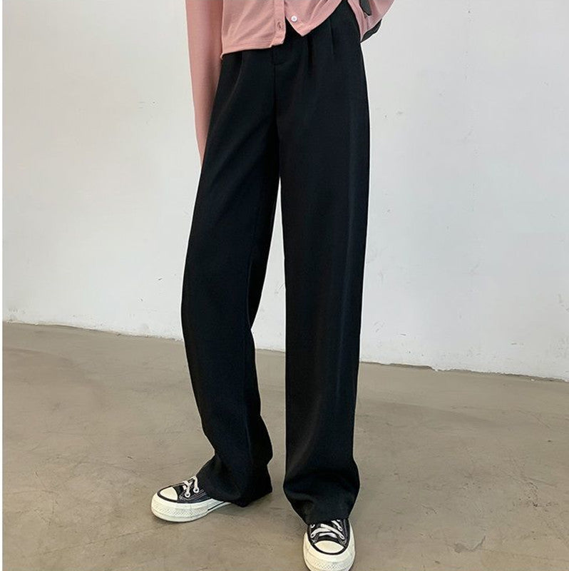 Women Fashion High Waist Casual Solid Color Straight Leg Pants