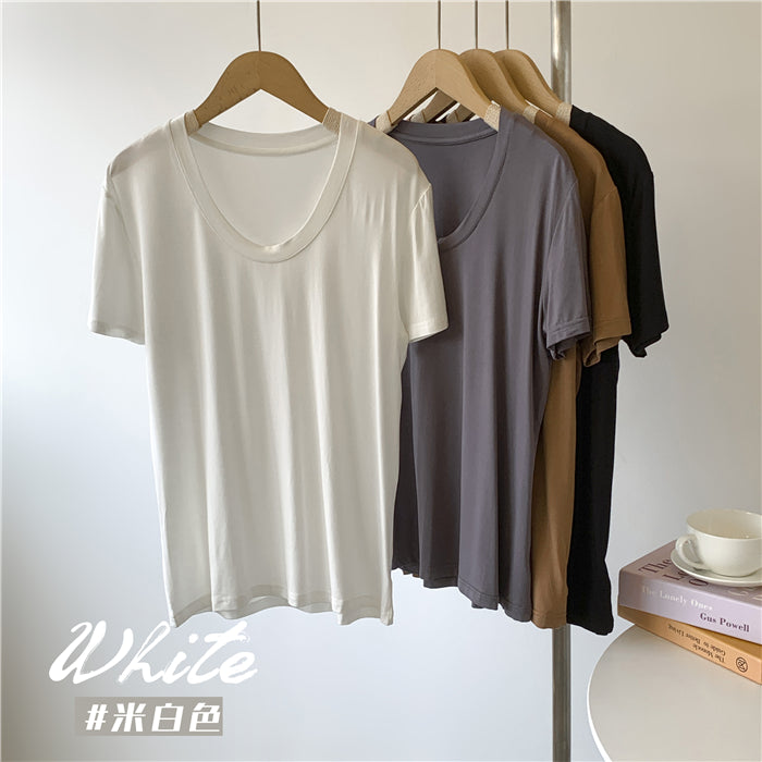 Camiseta informal de verano para mujer, color liso, cuello en U, manga corta, sin mangas