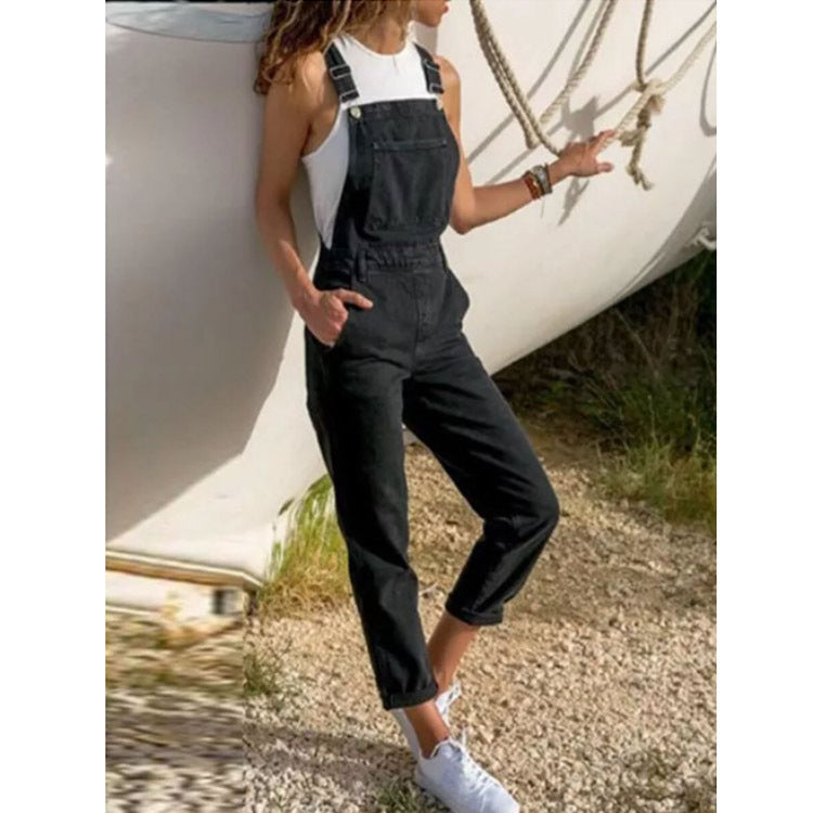 Women Fashion Casual Solid Color Denim Overalls Pants