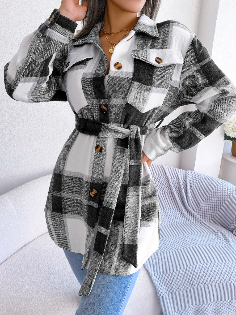 Autumn Winter Women Fashion Casual Color Block Plaid Long Sleeve Strap Thickened Woolen Jacket