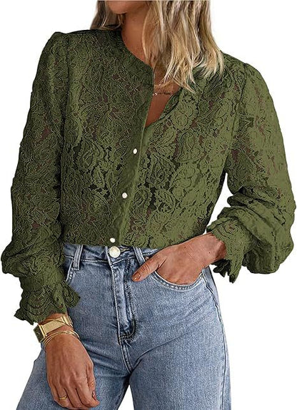 Women Fashion Casual Lace Shirt Long Sleeve Button Solid Color Blouse