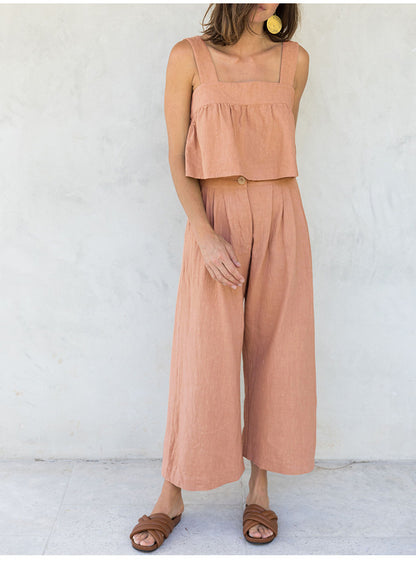 Conjunto de dos piezas de top con tirantes y pantalones anchos con diseño de botones para mujer