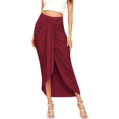 Women Casual Slit Wrap Asymmetric Elastic High Waist Skirt