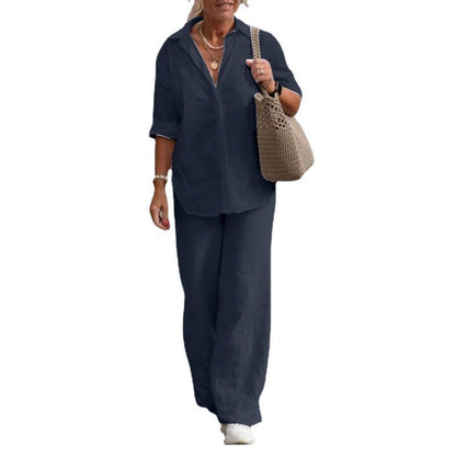 Conjunto de pantalones casuales de color sólido y pierna ancha para mujer