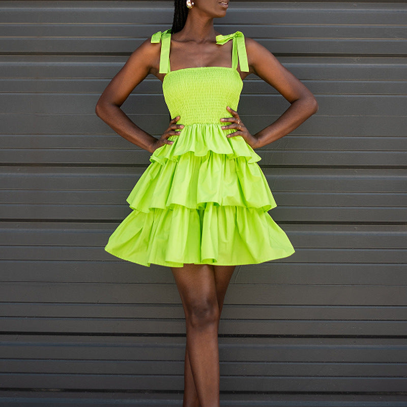 Women Sweet Casual Solid Color High Waist Ruffled Tiered Dress