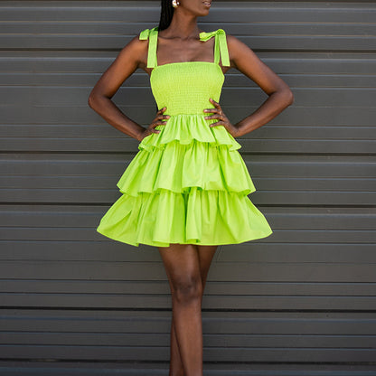 Women Sweet Casual Solid Color High Waist Ruffled Tiered Dress