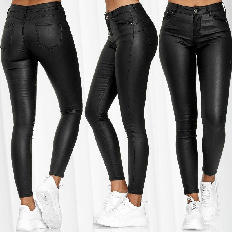 Pantalones casuales ajustados de cuero sintético de color sólido para mujer