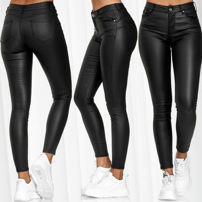 Pantalones casuales ajustados de cuero sintético de color sólido para mujer