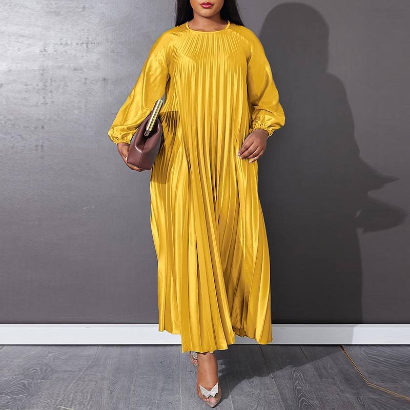 Vestido plisado informal de manga larga, holgado, de color liso y talla grande para mujer