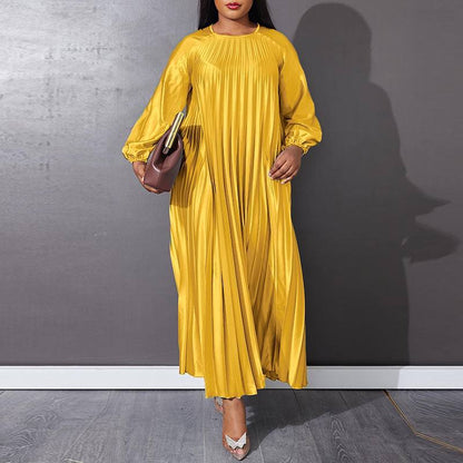 Vestido plisado informal de manga larga, holgado, de color liso y talla grande para mujer