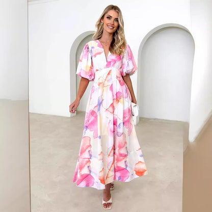 Vacation Women Casual Fashion Floral Print Puff Sleeve Maxi Dress