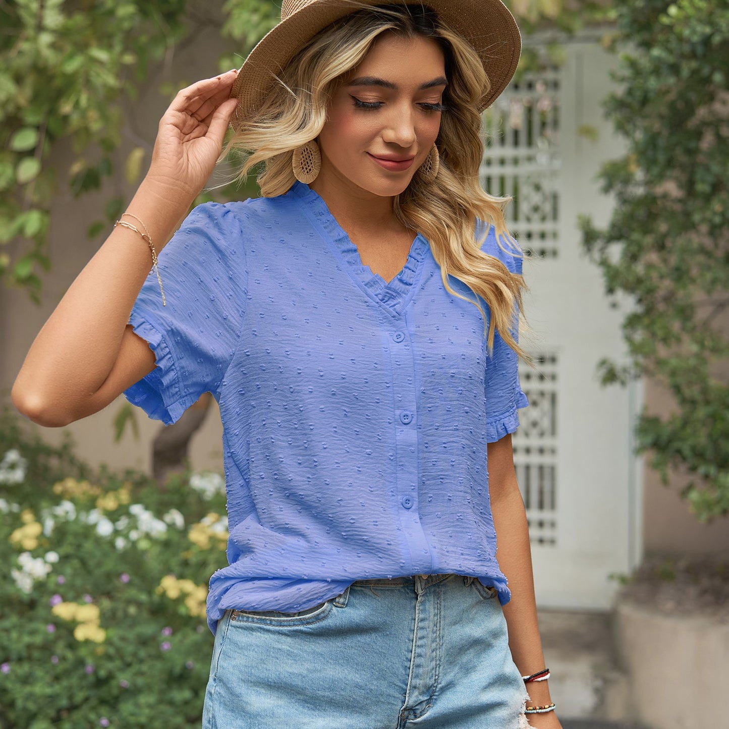 Blusa informal de verano para mujer, de gasa, con cuello en V, floral, de manga corta y color liso