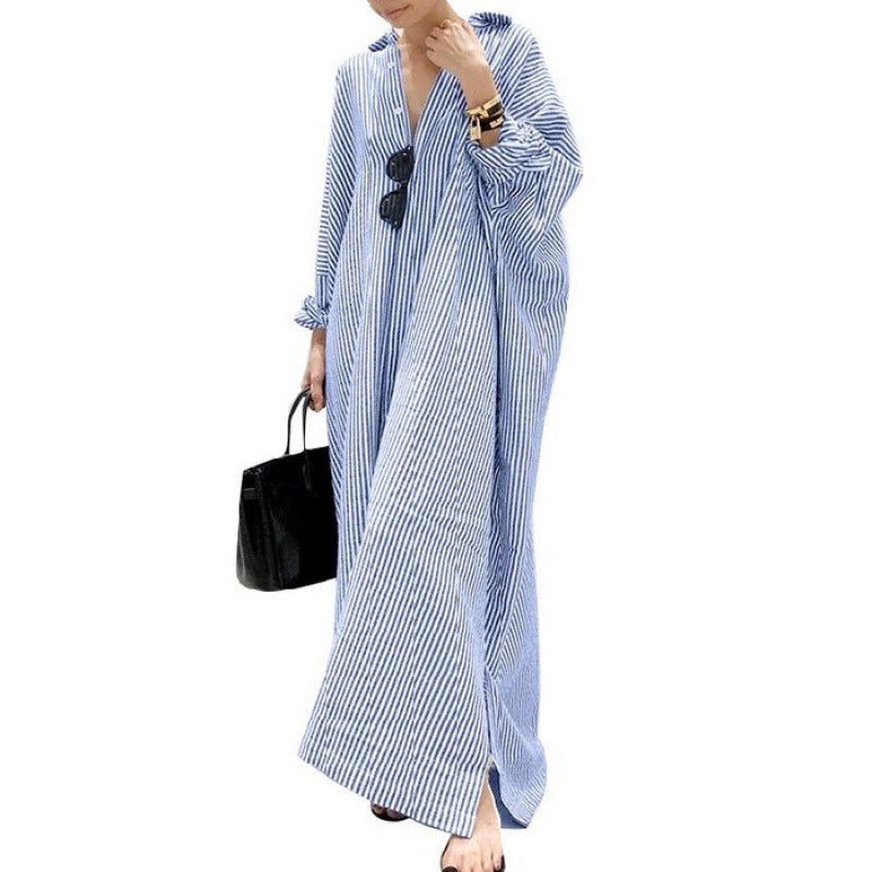Women Fashion Casual Loose Stripe Cardigan Long Sleeve Maxi Dress