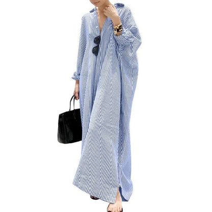Women Fashion Casual Loose Stripe Cardigan Long Sleeve Maxi Dress