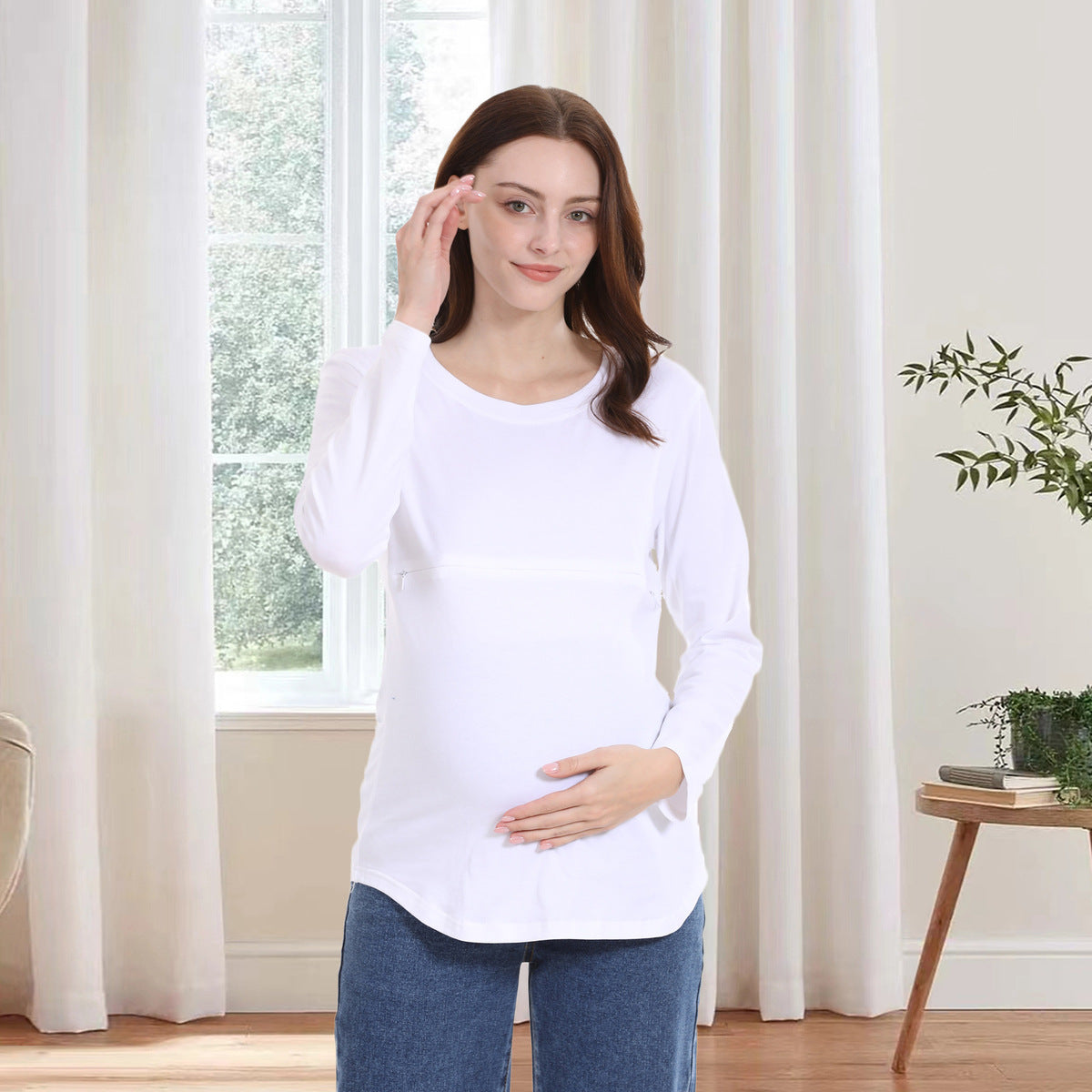 Camiseta informal de algodón de manga larga con cremallera para mujer embarazada y lactante