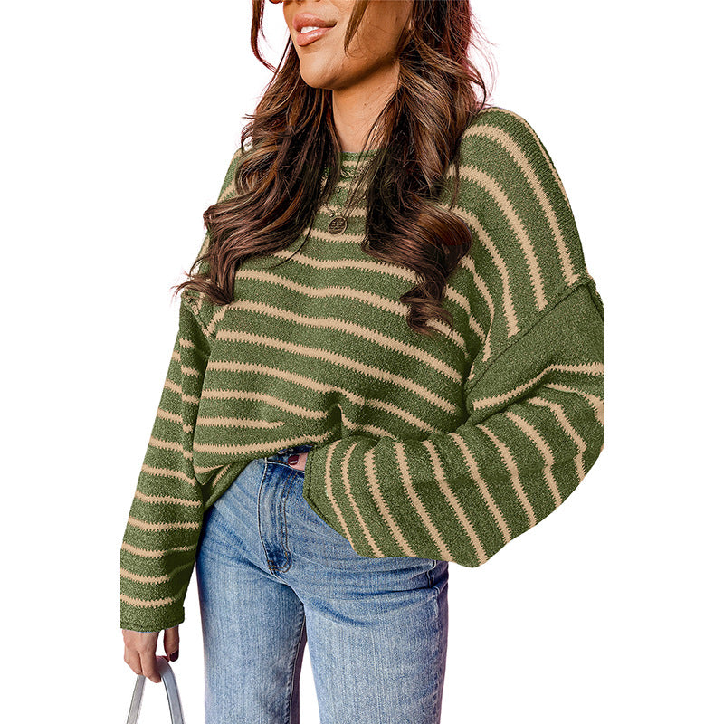Suéter de punto de manga larga con cuello redondo holgado a rayas informal para mujer de otoño e invierno