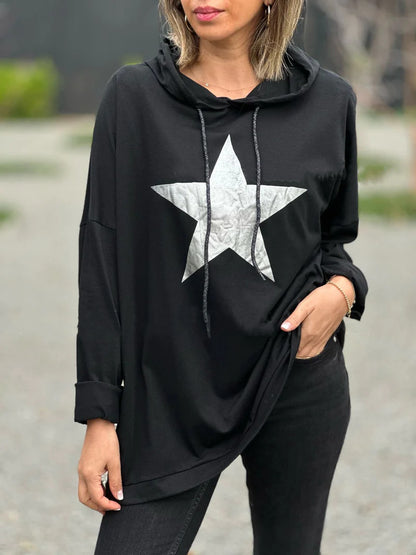 Sudadera con capucha de manga larga con estampado de estrellas para mujer, informal y holgada