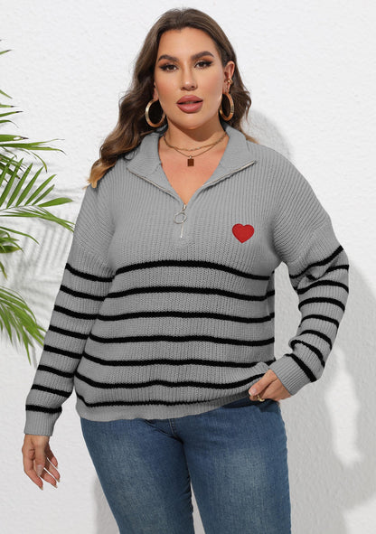 Suéter de punto informal para mujer, talla grande, invierno, otoño, a rayas, media cremallera y solapa