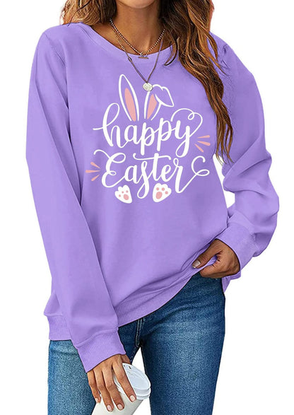 Camiseta informal de manga larga y cuello redondo con estampado de conejo de Pascua para mujer