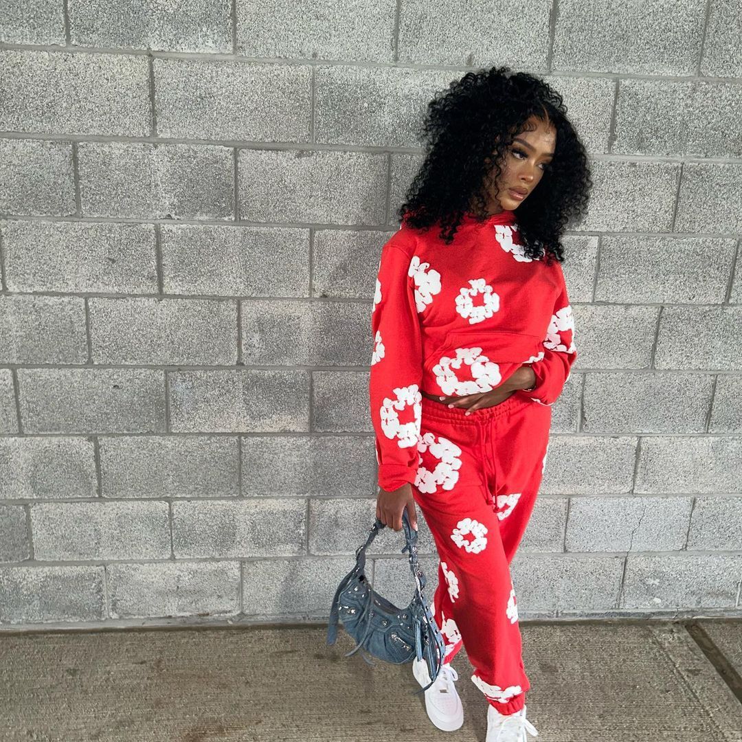 Women Fashion Casual Floral Printed Hooded Long-Sleeved Sweatshirt Pants Two-Piece Set