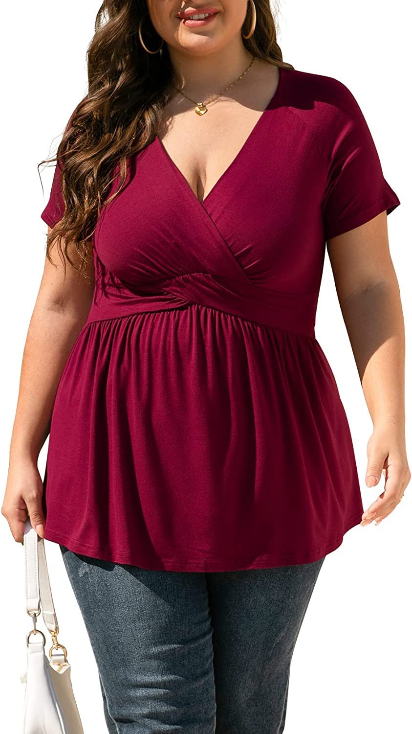 Women Fashion Casual Solid Color V-Neck Short Sleeve Plus Size Top