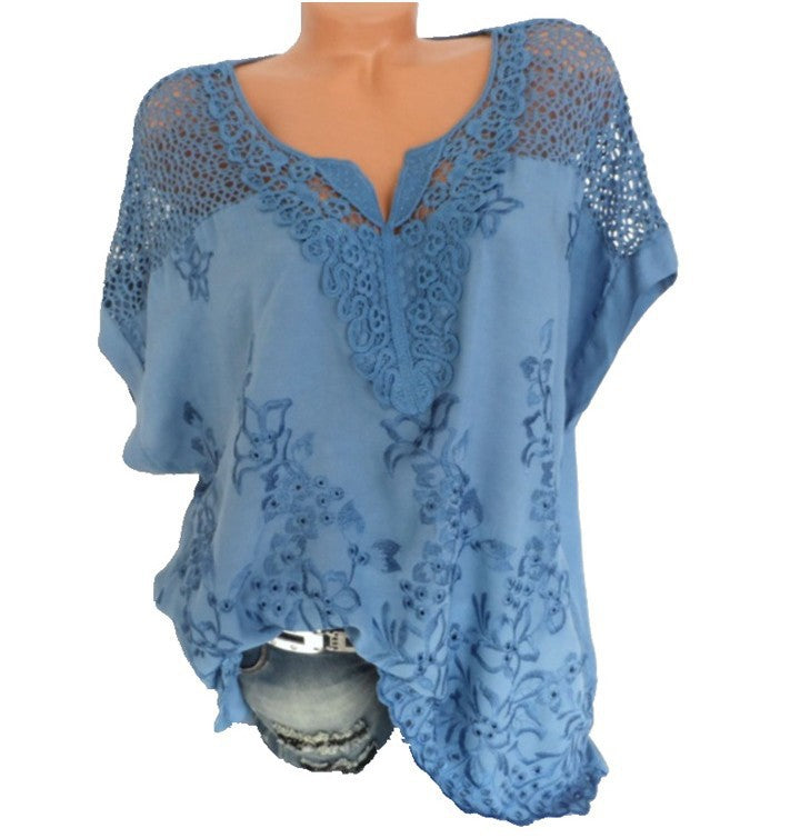 Plus Size Women Casual Loose Short-Sleeved Lace Solid Color Hollow Out Blouse