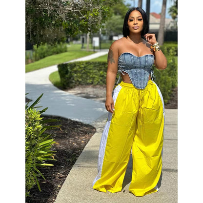 Women Fashion Casual Loose Contrast Color Stitching Wide Leg Pants