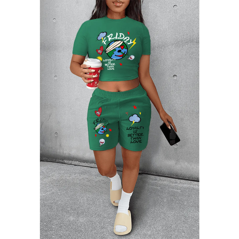 Conjunto informal de dos piezas de camiseta y pantalones cortos de manga corta con estampado de la Tierra para mujer de verano