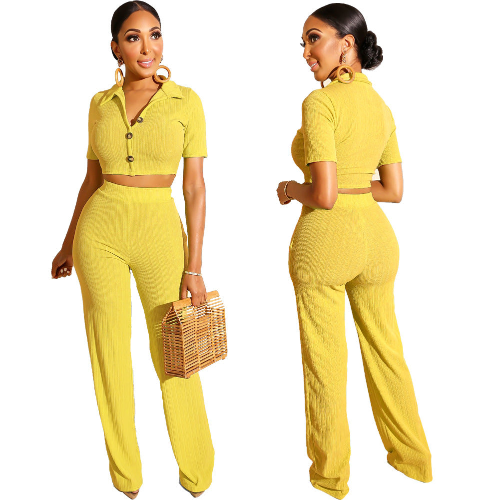 Conjunto de dos piezas de top corto de punto informal con solapa y manga corta para mujer