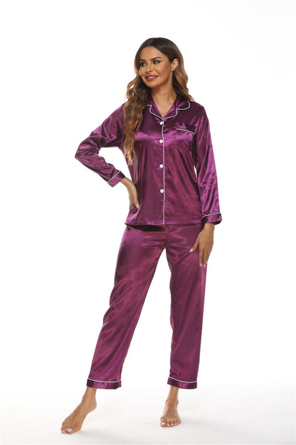 Conjunto de pijama básico informal de una sola botonadura con solapa y bloques de color para mujer