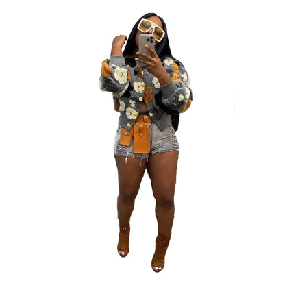 Chaqueta informal de manga larga con botones y diseño floral para mujer