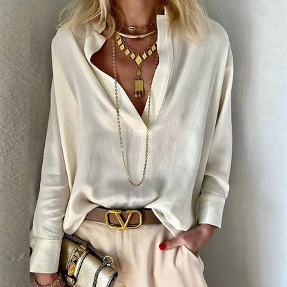 Blusa informal de lino y algodón de color liso con cuello alto para mujer