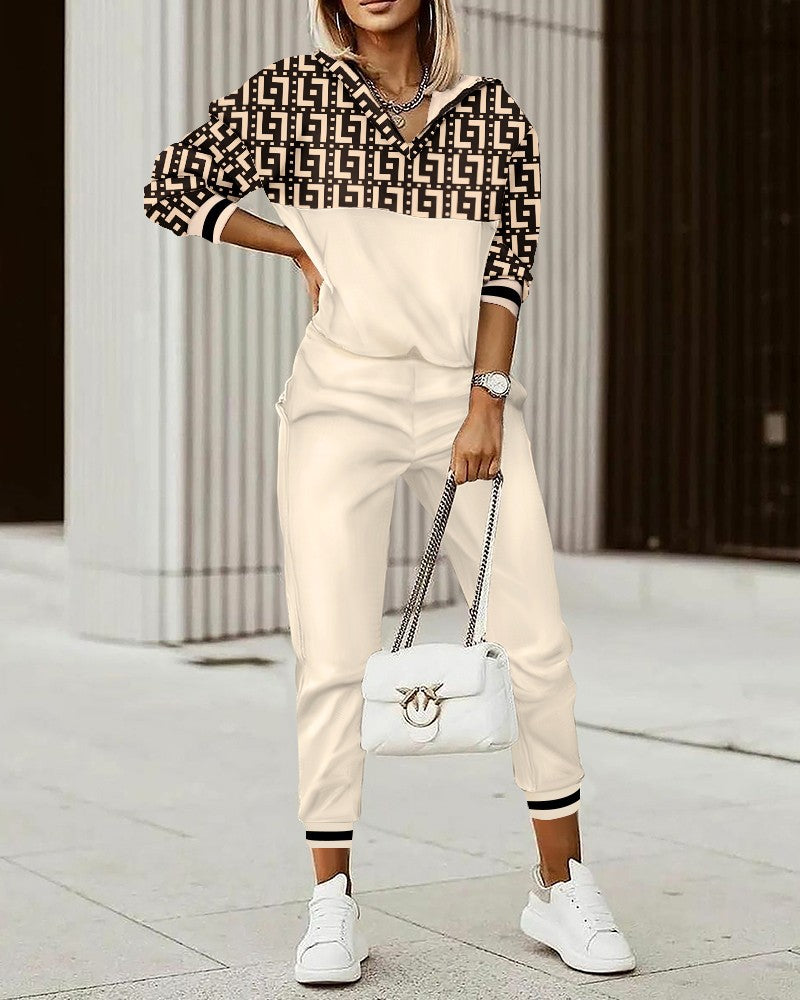 Conjunto informal de top y pantalón de manga larga con estampado geométrico colorido para mujer