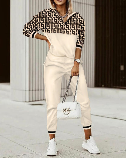 Conjunto informal de top y pantalón de manga larga con estampado geométrico colorido para mujer
