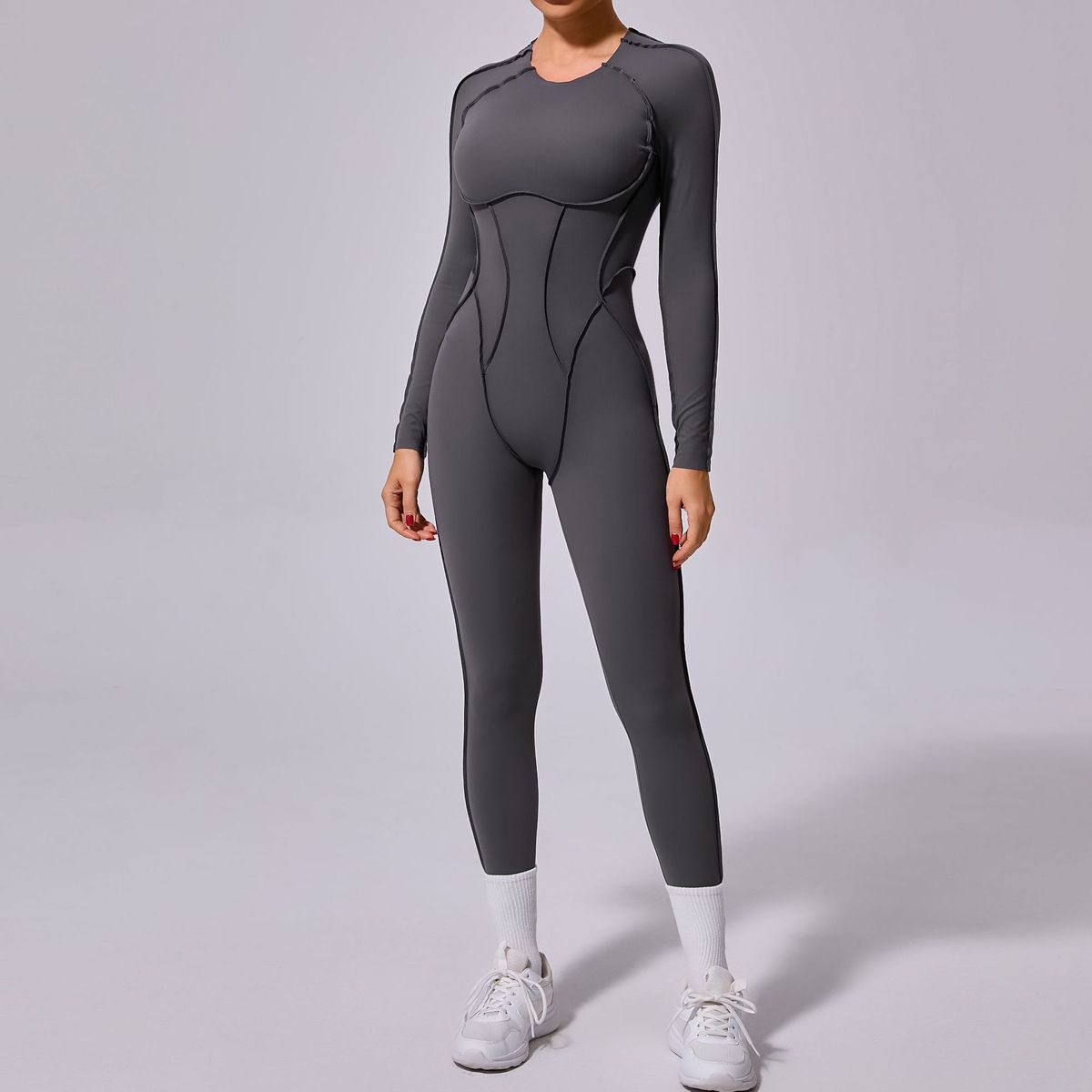 Women Fashion Casual Solid Color Long-Sleeve Backless One-Piece Yoga Sports Jumpsuits