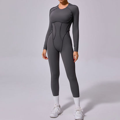 Women Fashion Casual Solid Color Long-Sleeve Backless One-Piece Yoga Sports Jumpsuits