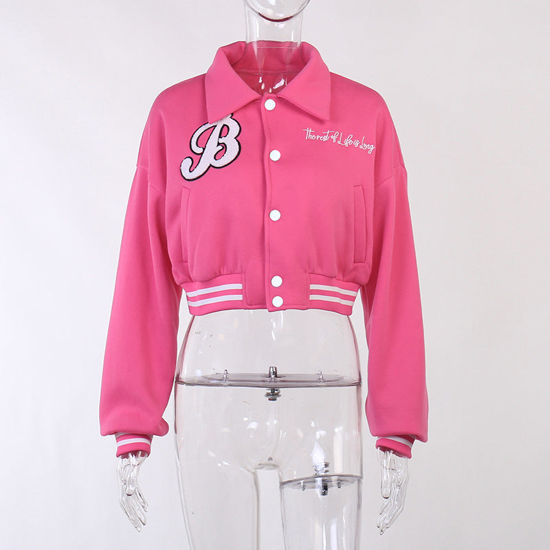 Abrigo de béisbol corto informal de manga larga con botones y estampado de solapa para mujer