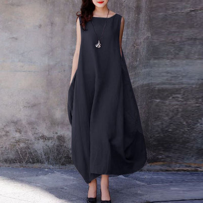 Women Plus Size Casual Loose Round Neck Sleeveless Side Large Ruched Pocket Dress