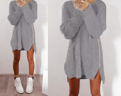Autumn And Winter Women Casual Loose Solid Color Side Zipper Knitted Dress