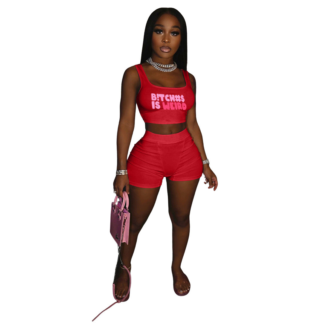 Conjunto deportivo informal para mujer con camiseta sin mangas y pantalones cortos con estampado de letras