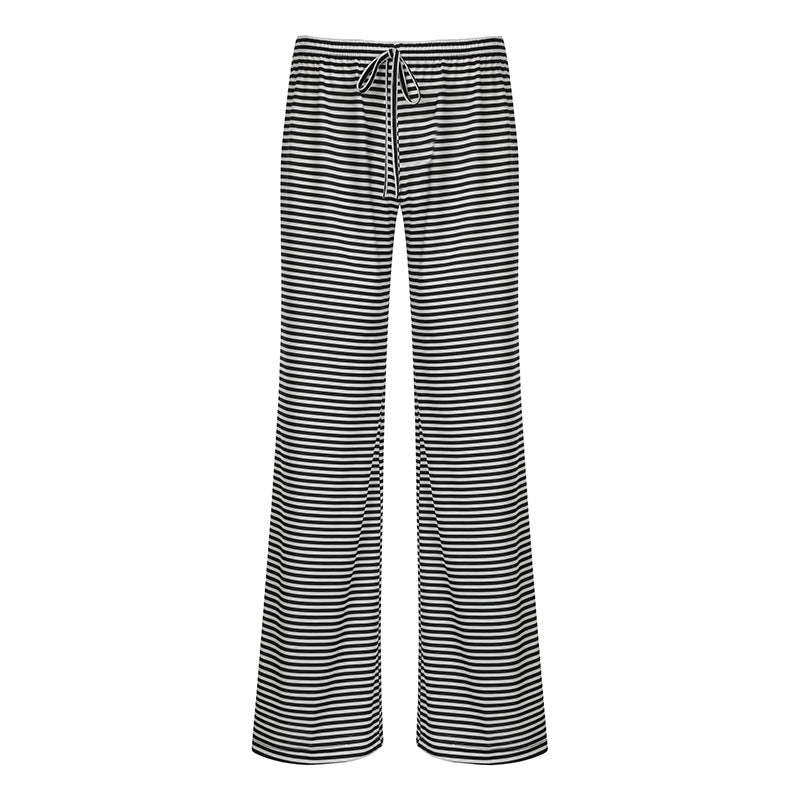 Women Fashion Casual Stripe High-Waist Lace-Up Loose Pants