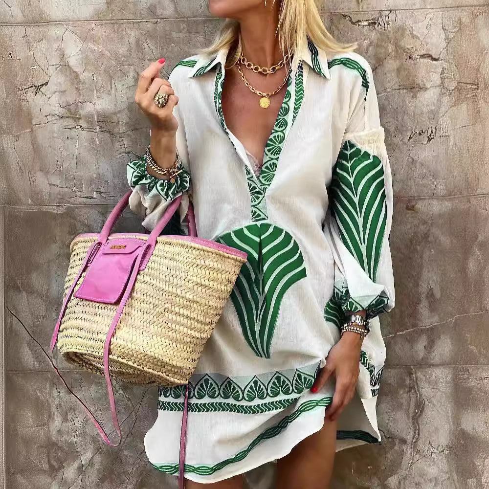 Women Boho Spring And Summer Casual Long Shirt Loose Vacation V-Neck Dress