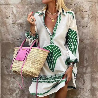 Women Boho Spring And Summer Casual Long Shirt Loose Vacation V-Neck Dress