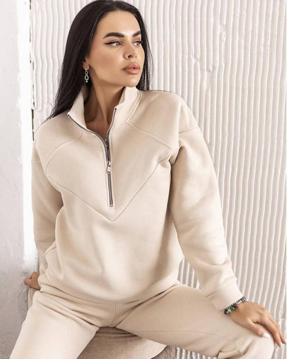 Conjunto de dos piezas de jersey deportivo informal con capucha y manga larga de color liso para mujer