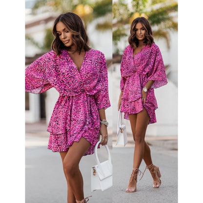 Women Fashion Casual Floral Printing Defined Waist Ruffled Wrap Dresses