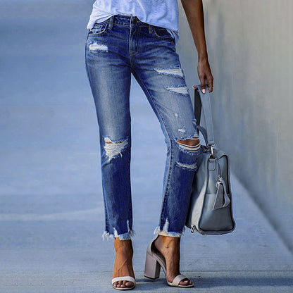Vaqueros ajustados, elásticos, de cintura media, rasgados e informales para mujer