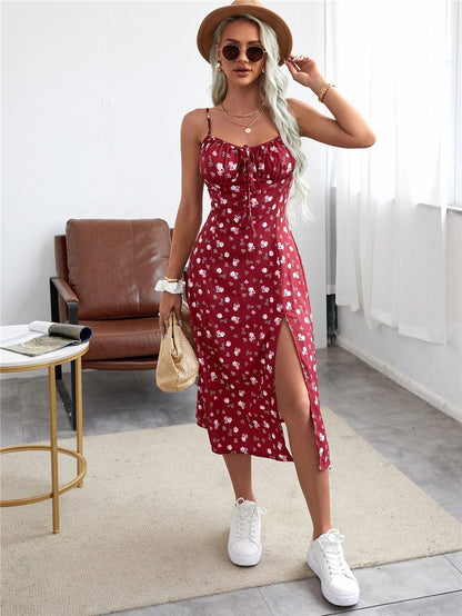 Summer Women Tiny Floral Print Spaghetti Strap Casual Vacation Dress