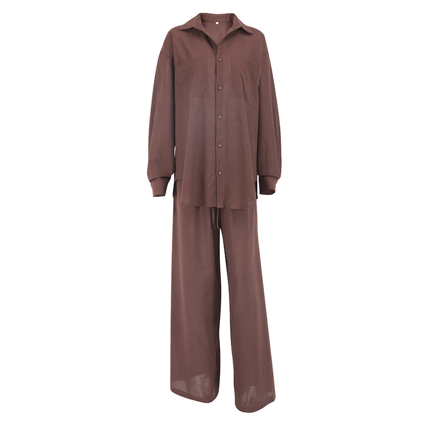 Conjunto de dos piezas de camisa y pantalón de algodón de manga larga para mujer, informal, de otoño e invierno