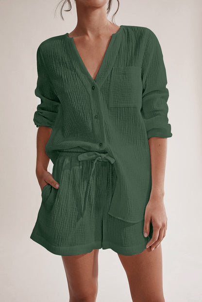Conjunto de pijama informal de algodón de doble gasa de color liso y manga larga para mujer